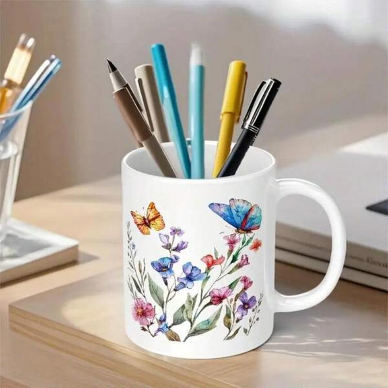 Tailorly White Ceramic 11 oz Mug - Watercolor Wildflowers In A Lush Garden With Delicate Fluttering Blue Butterfly