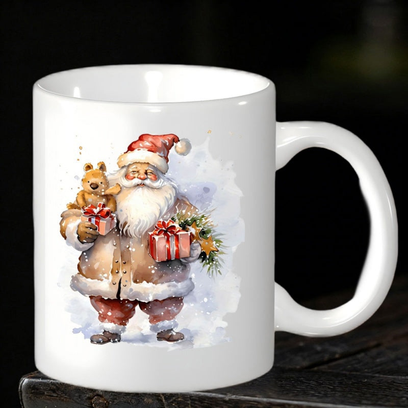 Tailorly White Ceramic 11 oz Mug - Merry Santa Claus Holding A Teddy Bear And Red Gift Box Santa