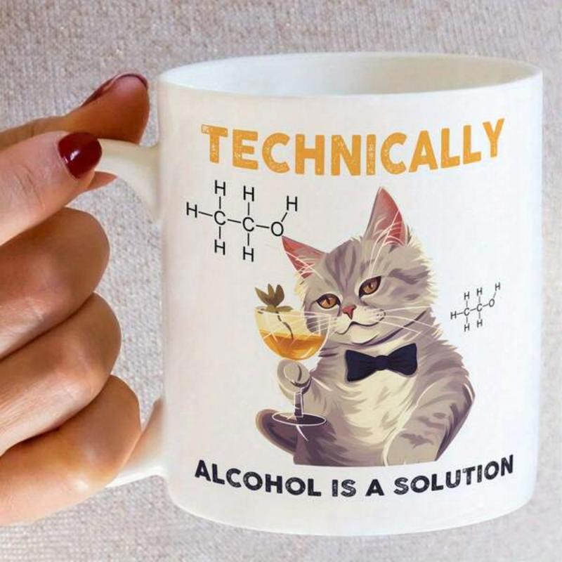 Tailorly White Ceramic 11 oz Mug - Technically Alcohol Is A Solution Sophisticated Grey Cat Wearing Bowtie Holding Yellow Cocktail Cat