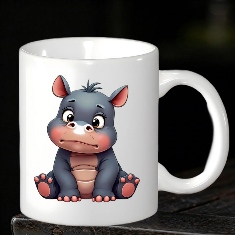 Tailorly White Ceramic 11 oz Mug - Adorable Baby Animal Sitting Peacefully With Pink Cheeks And Toes Hippo