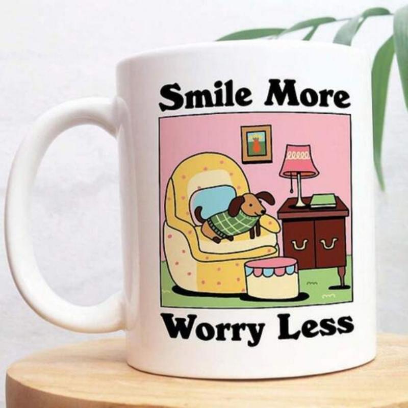Tailorly White Ceramic 11 oz Mug - Smile More Worry Less Cozy Domestic Interior Scene Featuring Tiny Puppy Sitting On Chair Dog