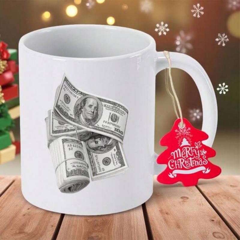 Tailorly White Ceramic 11 oz Mug - Merry Christmas Detailed Stacked And Rolled Hundred Dollar Bills Among Scattered Paper Currency Cash