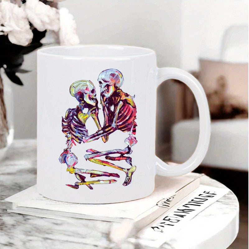 Tailorly White Ceramic 11 oz Mug - Artistic Watercolor Design Featuring Two Seated Gothic Figures Skeleton