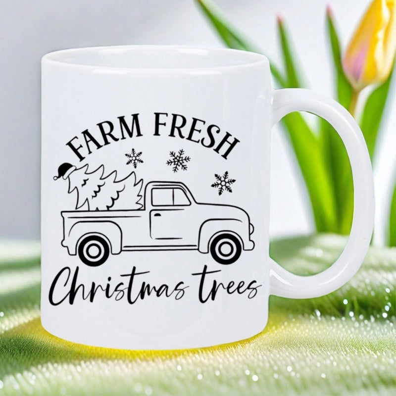 Tailorly White Ceramic 11 oz Mug - Farm Fresh Christmas Trees Vintage Pickup Truck Carrying A Festive Tree Under Sparkling Snowflakes Truck