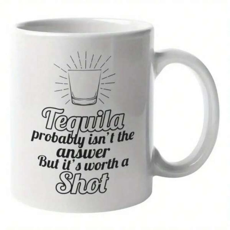 Tailorly White Ceramic 11 oz Mug - Tequila Probably Isnt The Answer But Its Worth A Shot Minimalist Line Art Drawing Of A Radiant Glowing Tequila Shot Glass