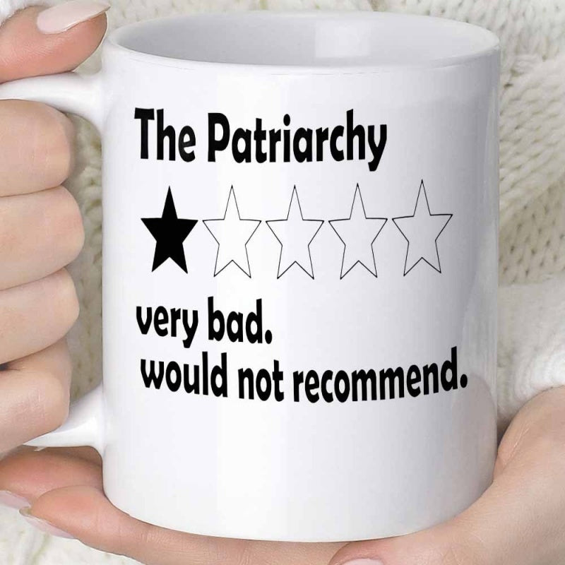 Tailorly White Ceramic 11 oz Mug - The Patriarchy Very Bad Would Not Recommend Minimalist Rating System With Five Stars Featuring One Solid Black Star Rating
