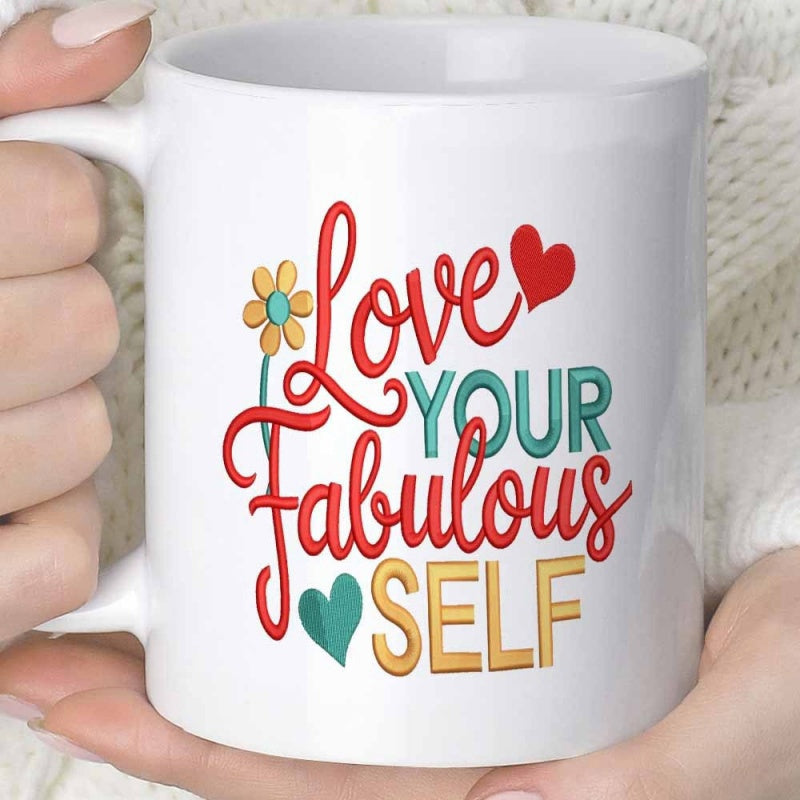 Tailorly White Ceramic 11 oz Mug - Love Your Fabulous Self Colorful Blooming Flowers With Graceful Hearts Inspirational Ceramic Mug