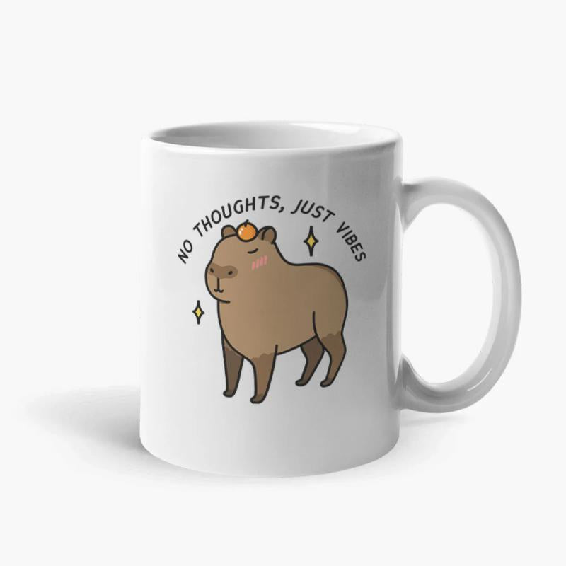 Tailorly White Ceramic 11 oz Mug - No Thoughts Just Vibes Calm Cartoon Animal With Small Orange And Shining Stars Capybara