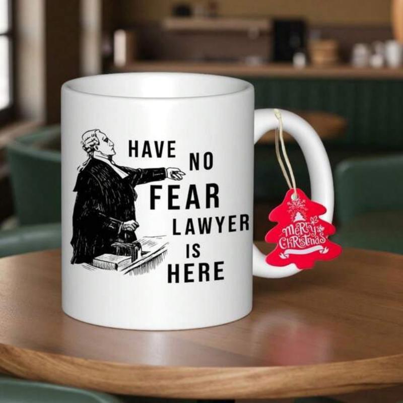 Tailorly White Ceramic 11 oz Mug - Have No Fear Lawyer Is Here Professional Legal Advocate Pointing Confidently In Classical Judicial Robes And Wig Lawyer