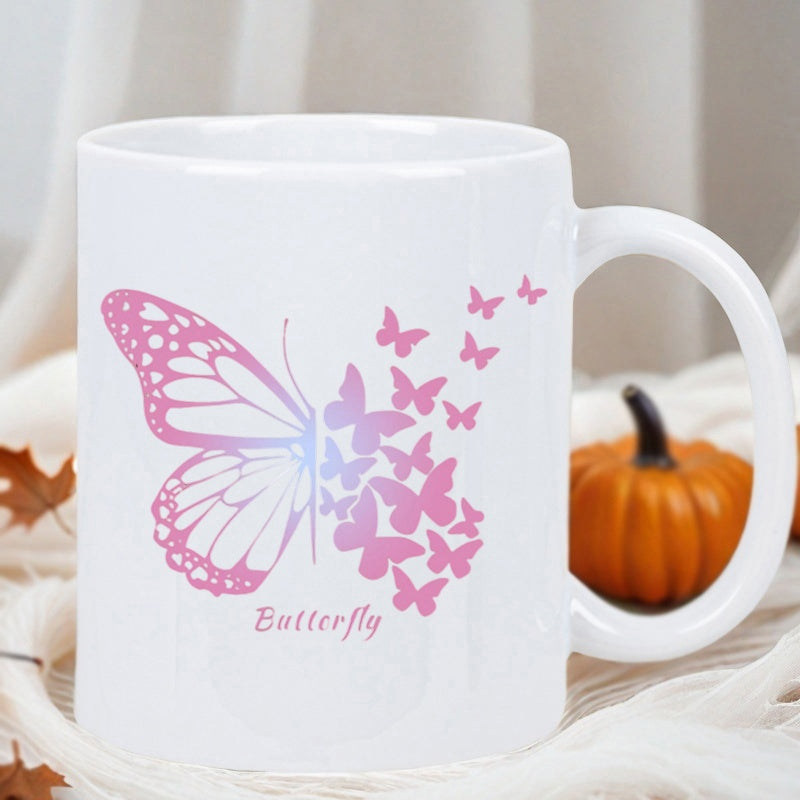 Tailorly White Ceramic 11 oz Mug - Butterfly Gradient Pink Wings Fluttering Gracefully With Small Delicate Scattered Fragments Butterfly