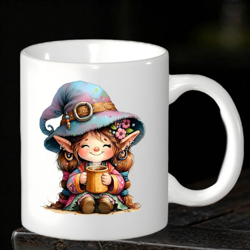 Tailorly White Ceramic 11 oz Mug - Adorable Tiny Woodland Elf Wearing Whimsical Oversized Magic Hat Holding Warm Mug Gnome