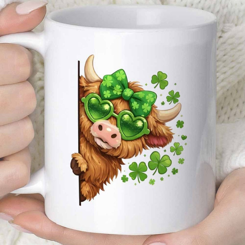 Tailorly White Ceramic 11 oz Mug - Adorable Shaggy Highland Cow Peeking Wearing Heart Glasses And Shamrock Bow Cow