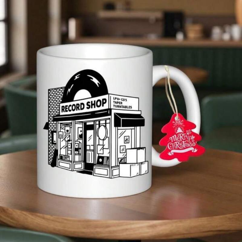 Tailorly White Ceramic 11 oz Mug - Record Shop Vintage Storefront Featuring Huge Vinyl Record And Classic Music Media Displays Record Shop