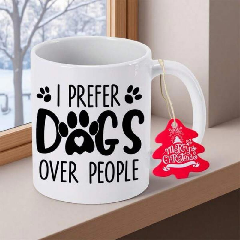 Tailorly White Ceramic 11 oz Mug - I Prefer Dogs Over People Merry Christmas Minimalist Black Paw Prints Scattered Around Bold Expressive Mug