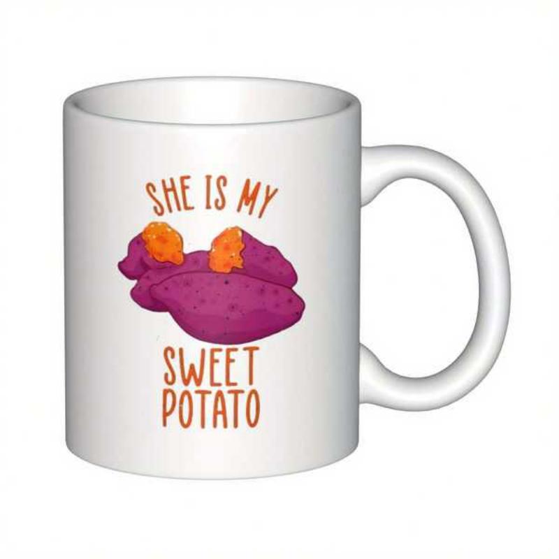 Tailorly White Ceramic 11 oz Mug - She Is My Sweet Potato Hand Drawn Vibrant Purple Vegetable With Orange Sliced Flesh Potato