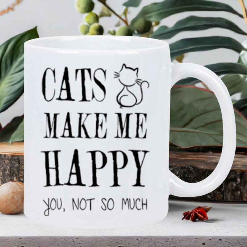 Tailorly White Ceramic 11 oz Mug - Cats Make Me Happy You Not So Much Minimalist Line Art Sitting Silhouette Among Lush Green Leaves Wood Slice Cat