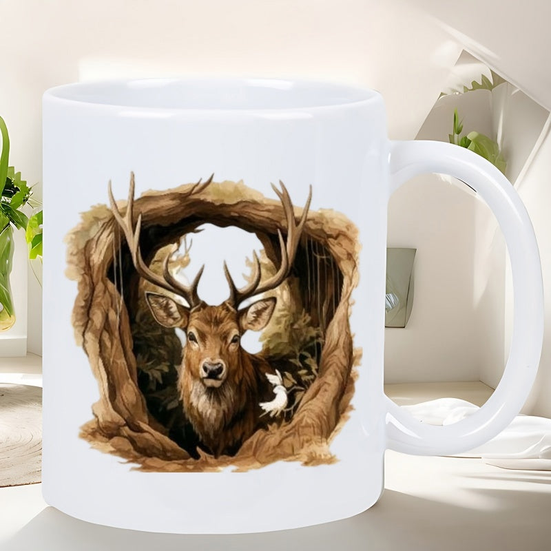 Tailorly White Ceramic 11 oz Mug - Majestic Stag Emerging From Rustic Hollow Wood With Small White Bird Deer