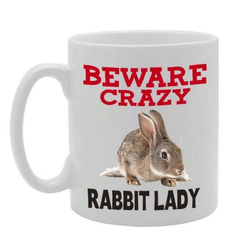 Tailorly White Ceramic 11 oz Mug - Beware Crazy Rabbit Lady Small Brown Bunny Sitting Peacefully On White Surface Looking Alert Rabbit