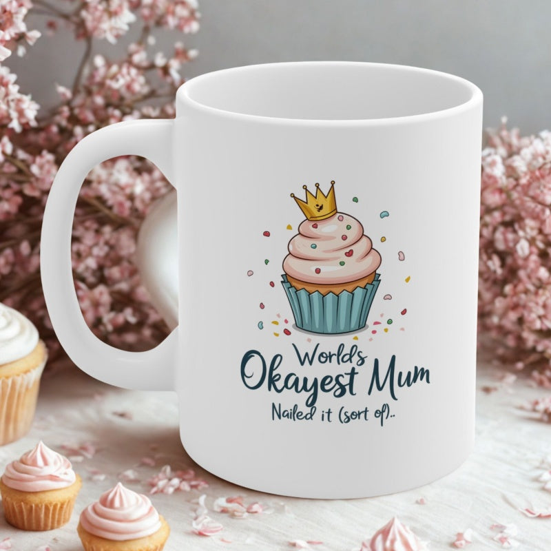 Tailorly White Ceramic 11 oz Mug - Worlds Okayest Mum Nailed It Sort Of Sweet Pink Cupcake With Golden Crown And Blue Wrapper Sprinkles Cupcake