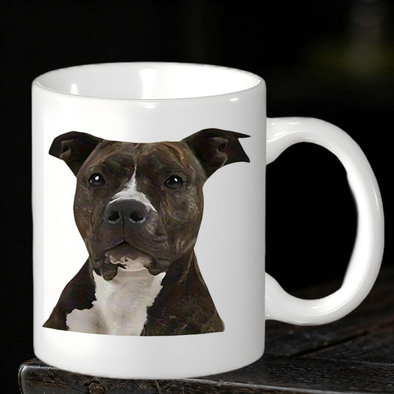 Tailorly White Ceramic 11 oz Mug - Realistic Brindle Pitbull Terrier Portrait Headshot Isolated On Simple Background Pitbull