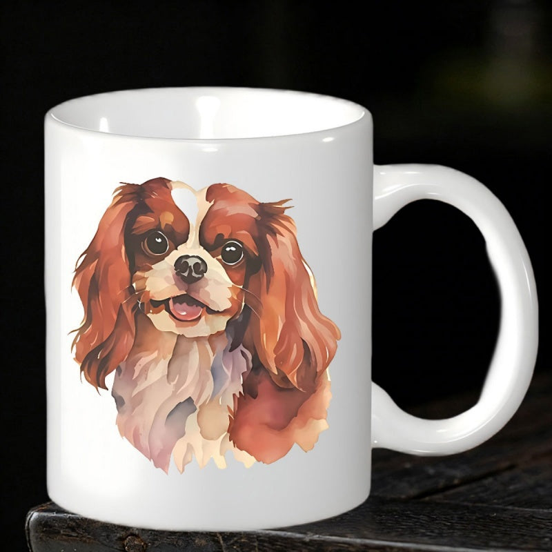 Tailorly White Ceramic 11 oz Mug - Artistic Watercolor Style Portrait Of A Fluffy Brown White Spaniel Dog