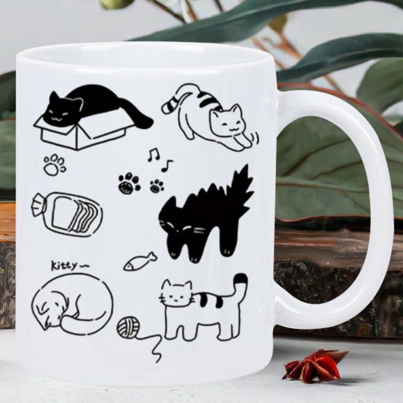 Tailorly White Ceramic 11 oz Mug - Kitty Minimalist Black And White Line Art Cats In Playful Poses Cat