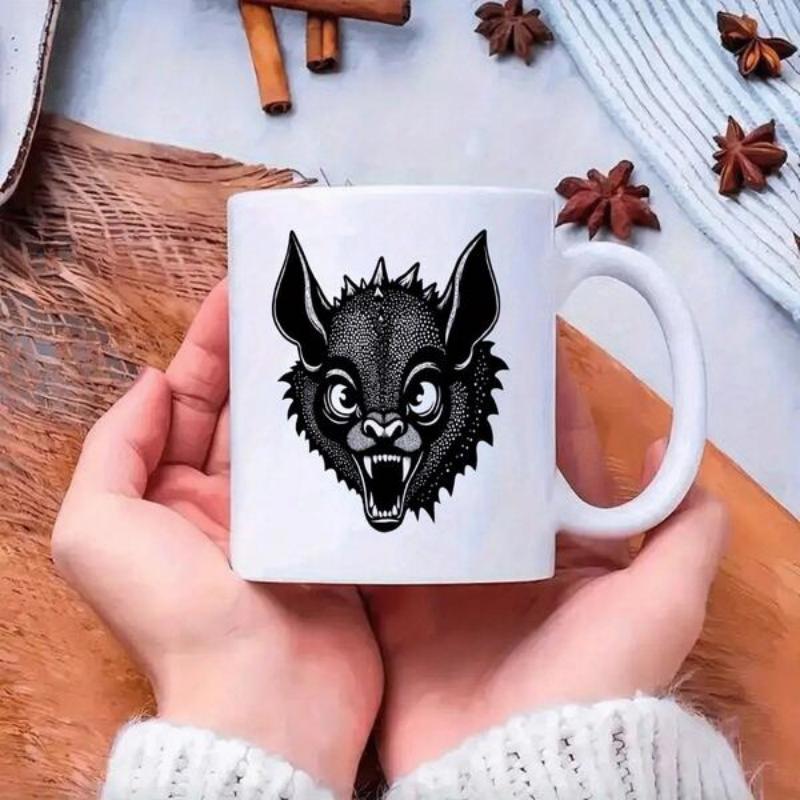 Tailorly White Ceramic 11 oz Mug - Monochrome Stylized Bat Creature With Sharp Fangs And Large Ears Monster
