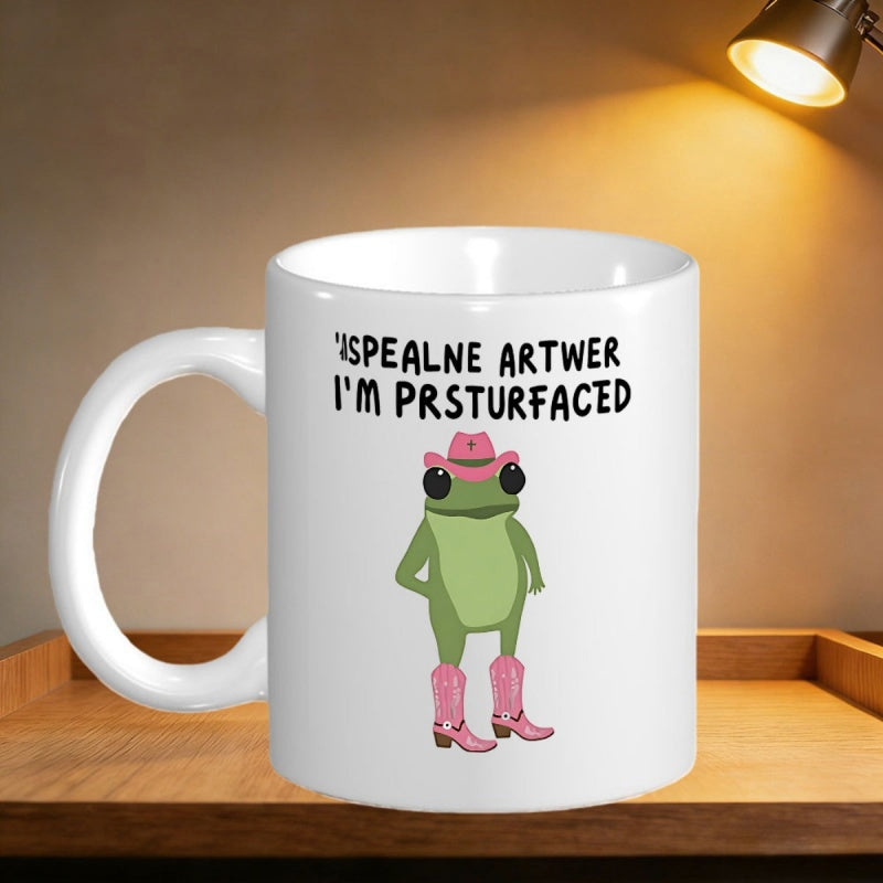 Tailorly White Ceramic 11 oz Mug - Im Prsturfaced Charming Little Green Amphibian Dressed In Pink Western Cowboy Attire Frog