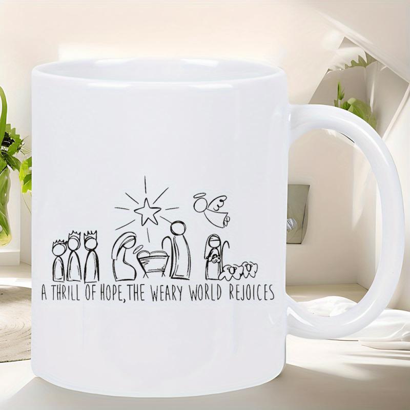 Tailorly White Ceramic 11 oz Mug - A Thrill Of Hope The Weary World Rejoices Minimalist Line Art Illustrating A Peaceful Christmas Scene Nativity