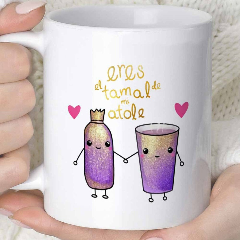 Tailorly White Ceramic 11 oz Mug - Cute Cartoon Tamale Holding Hands With Cup Of Hot Purple Atole Illustration