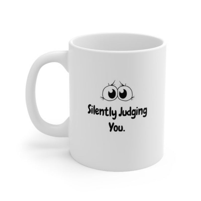 Tailorly White Ceramic 11 oz Mug - Silently Judging You Minimalist Black Ink Hand Drawn Wide Staring Cartoon Face Eyes