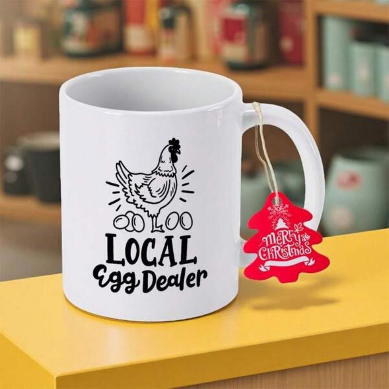 Tailorly White Ceramic 11 oz Mug - Local Egg Dealer Rustic Hand Drawn Hen Among Small Farm Eggs Chicken