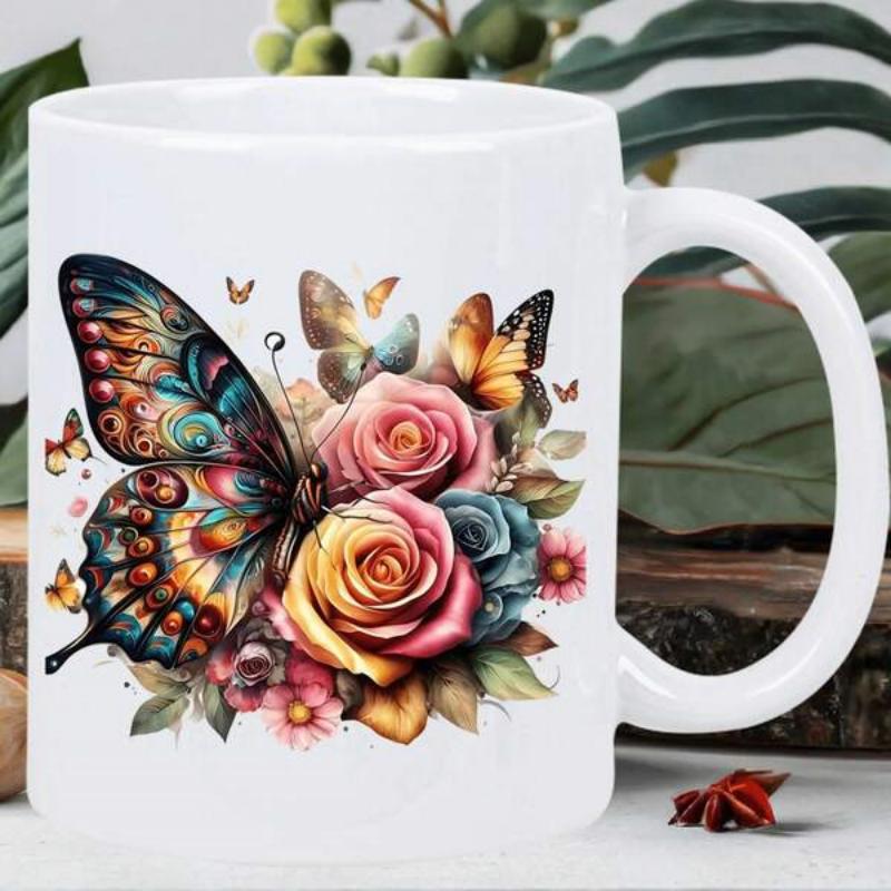 Tailorly White Ceramic 11 oz Mug - Intricate Vibrant Wings Fluttering Among Blooming Colorful Roses And Petals Butterfly