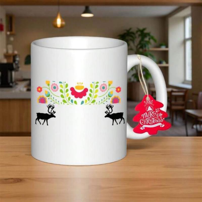Tailorly White Ceramic 11 oz Mug - Folk Art Floral Pattern With Symmetric Green Leaves And Black Reindeer