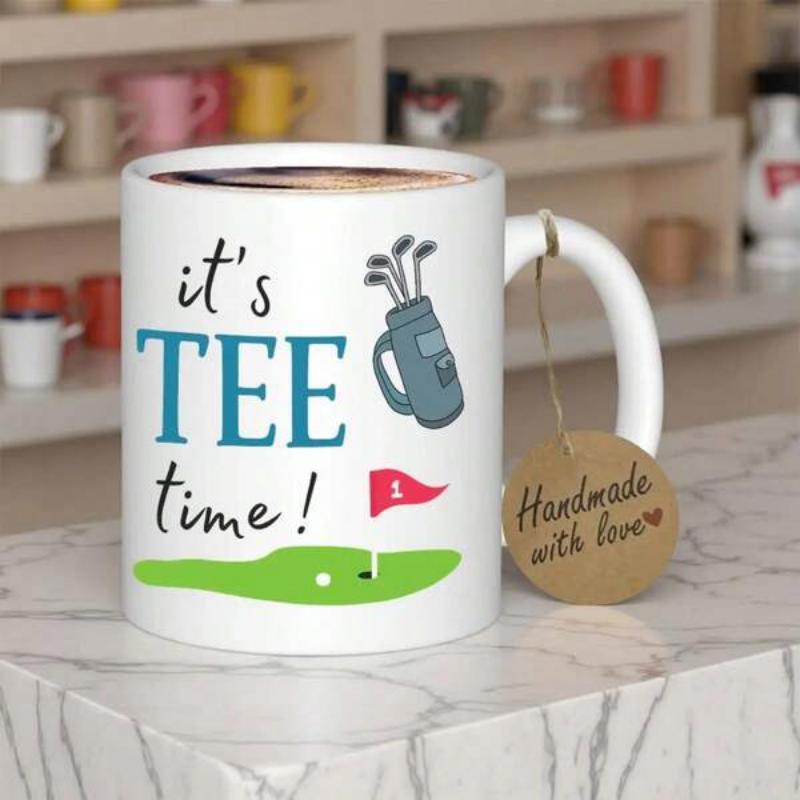 Tailorly White Ceramic 11 oz Mug - Its Tee Time Professional Golf Bag With Clubs On Green Grass Field Golf