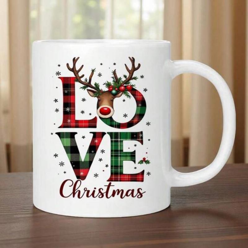 Tailorly White Ceramic 11 oz Mug - Love Christmas Festive Red And Green Plaid Pattern With Snowflakes And A Cute Reindeer