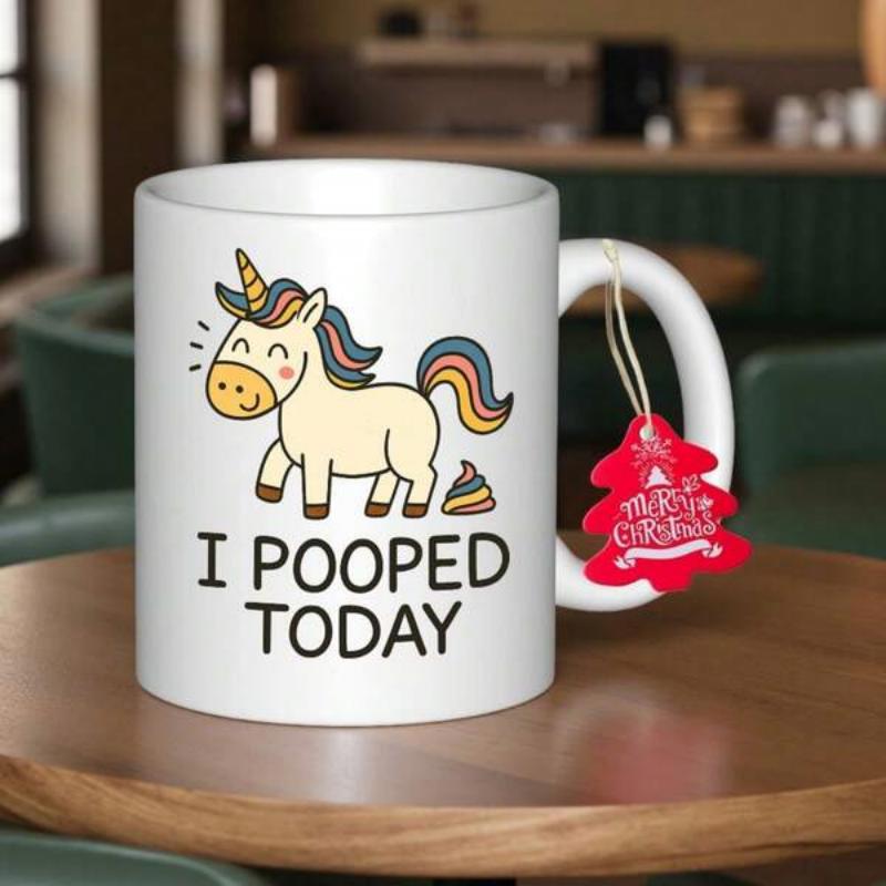 Tailorly White Ceramic 11 oz Mug - I Pooped Today Smiling Cartoon Character With Rainbow Mane Next To Swirly Pile Unicorn