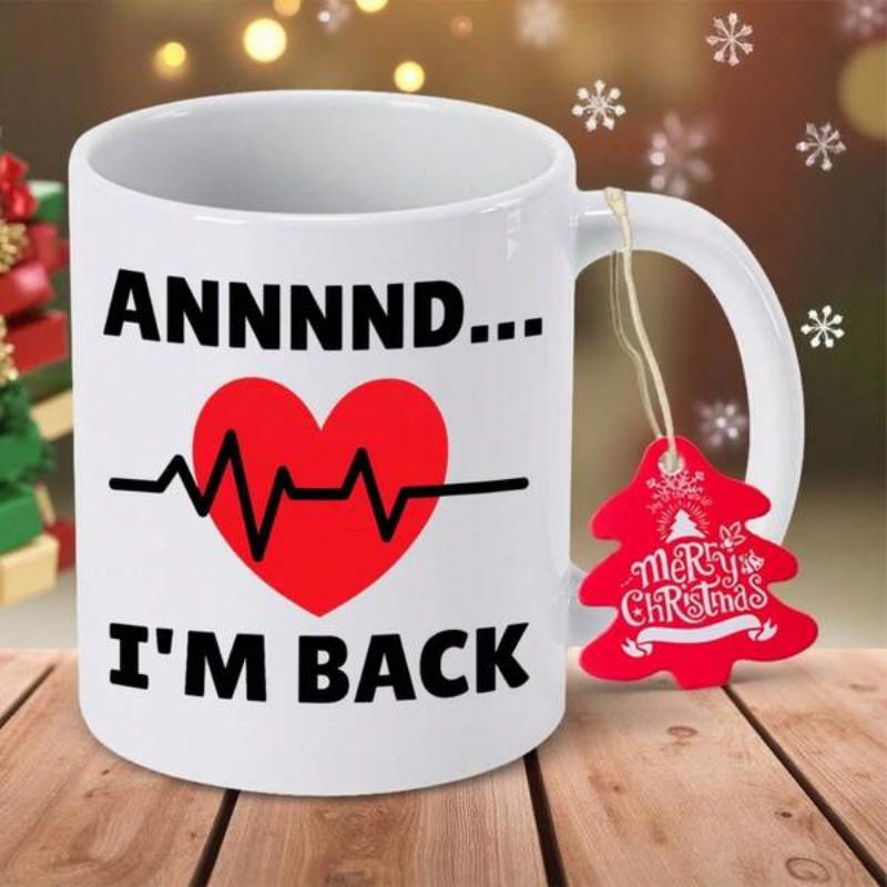 Tailorly White Ceramic 11 oz Mug - Annnd Im Back Minimalist Heartbeat Pulse Rhythm Centered On A Simple Red Heart Mug