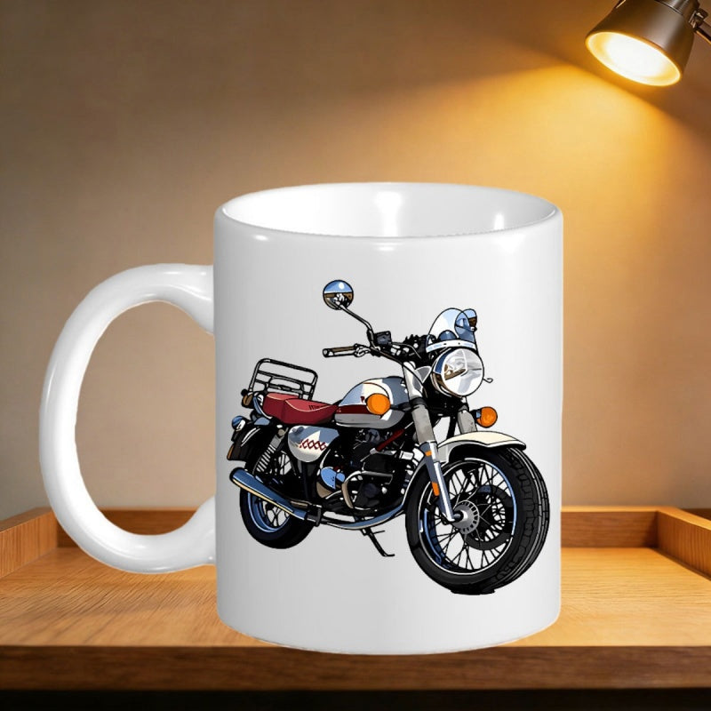 Tailorly White Ceramic 11 oz Mug - Vintage Classic Retro Style With Chrome Details And Red Seat Motorcycle
