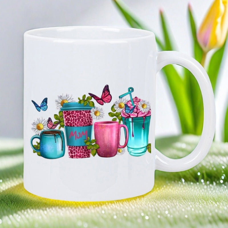 Tailorly White Ceramic 11 oz Mug - Mum Vibrant Floral Garden With Butterflies Dancing Around Colorful Decorative Drink Cup