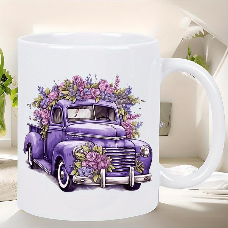 Tailorly White Ceramic 11 oz Mug - Vintage Purple Pickup Carrying Lush Spring Flowers Blooming In Garden Truck