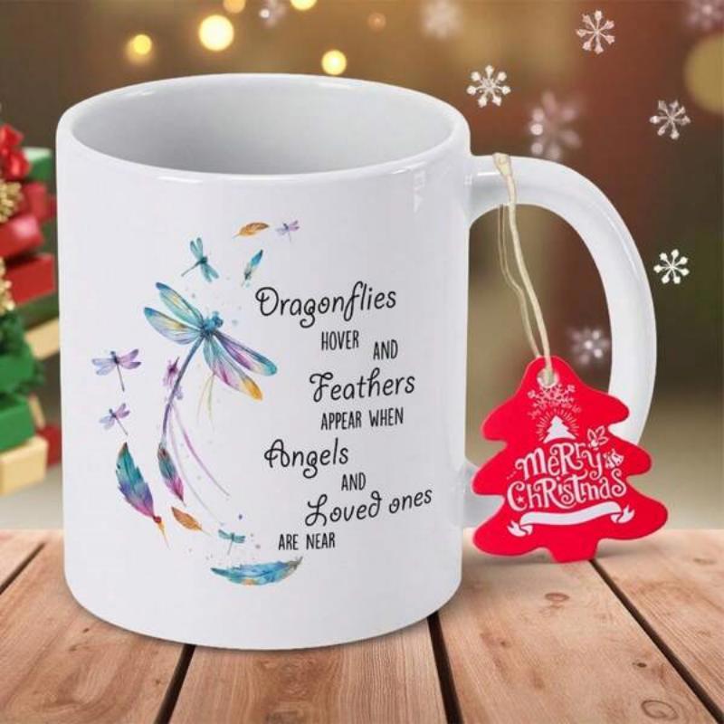 Tailorly White Ceramic 11 oz Mug - Dragonflies Hover And Feathers Appear When Angels And Loved Ones Are Near Merry Christmas Vibrant Watercolor Insects Combined