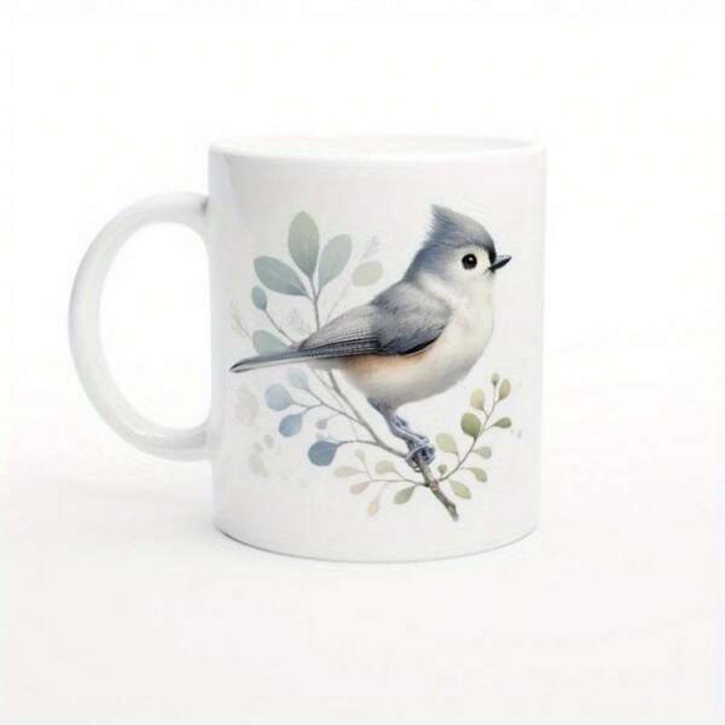 Tailorly White Ceramic 11 oz Mug - Small Gray Bird Perched On A Branch With Soft Pastel Leaves Bird