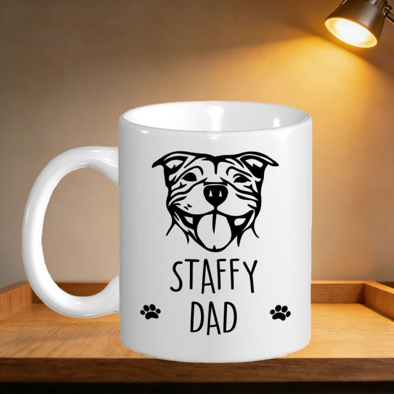 Tailorly White Ceramic 11 oz Mug - Staffy Dad Minimalist Smiling Canine Portrait Featuring Two Small Black Paw Prints Staffy