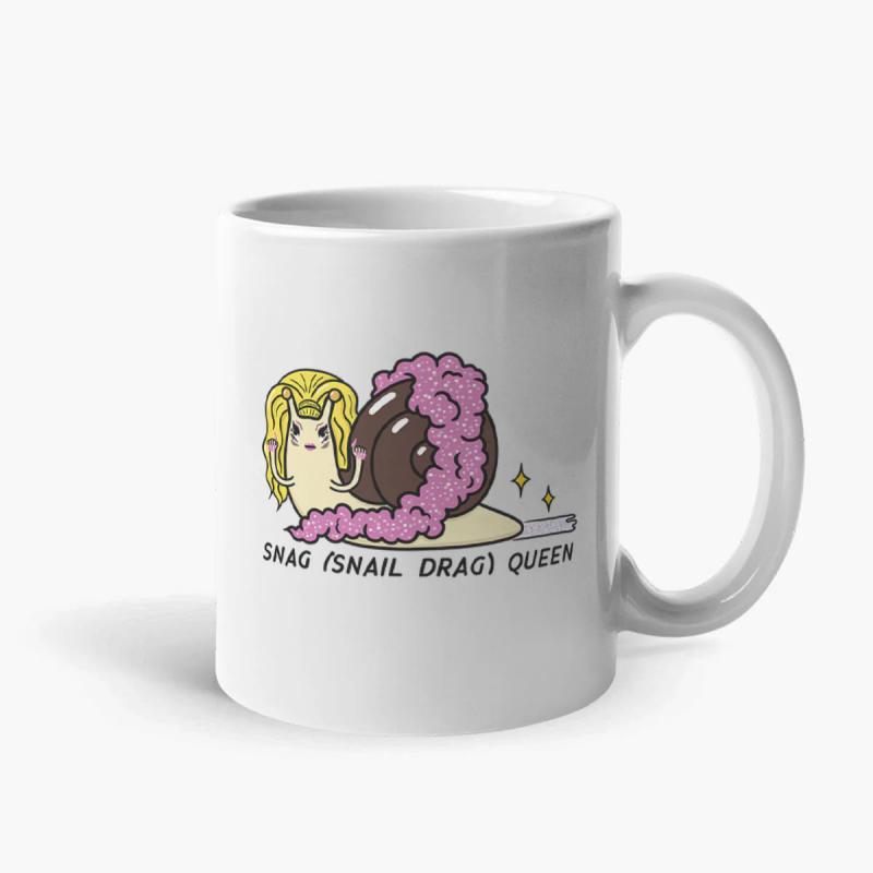 Tailorly White Ceramic 11 oz Mug - Snag Snail Drag Queen Whimsical Cartoon Character Wearing A Purple Boa And Blonde Hair Snail