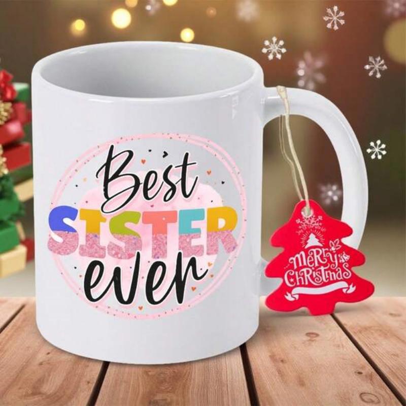 Tailorly White Ceramic 11 oz Mug - Best Sister Ever Clean White Ceramic Vessel Featuring Decorative Pink Circular Patterns And Swirling Scripts Mug
