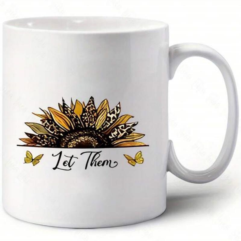 Tailorly White Ceramic 11 oz Mug - Let Them Half Blooming Leopard Print Petals With Small Butterflies Fluttering Nearby Sunflower