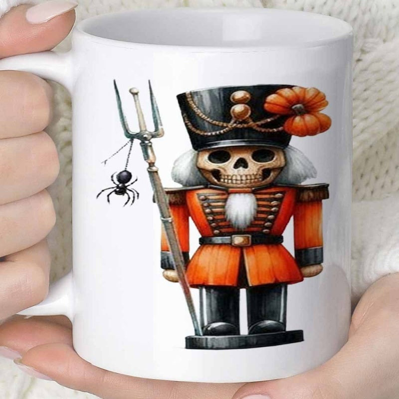 Tailorly White Ceramic 11 oz Mug - Spooky Skeleton Soldier Wearing Orange Uniform Holding Trident With Dangling Spider Nutcracker