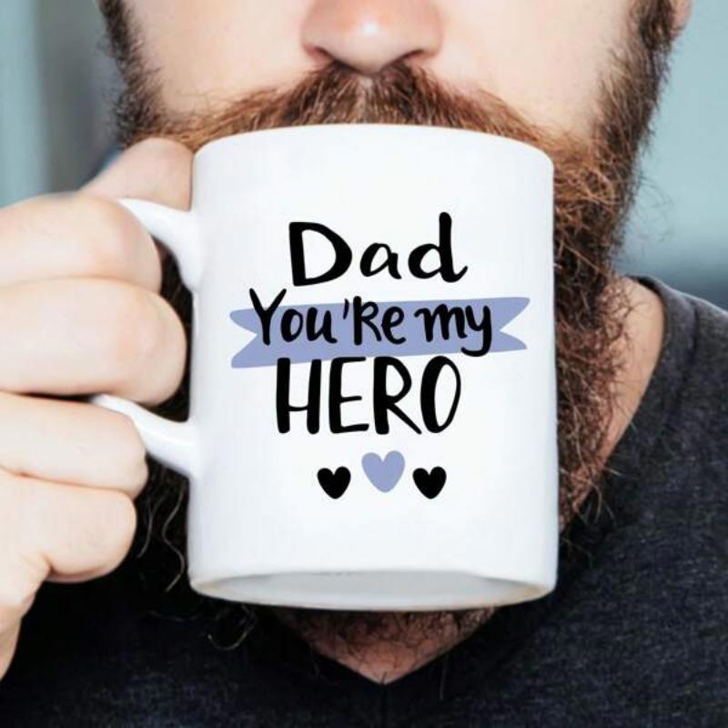 Tailorly White Ceramic 11 oz Mug - Dad Youre My Hero Clean Ceramic Surface With Little Hearts And Blue Ribbon Mug