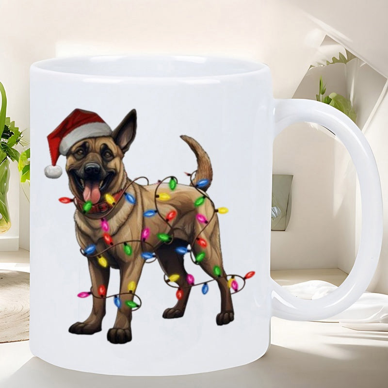 Tailorly White Ceramic 11 oz Mug - Festive Belgian Malinois Wrapped In Colorful Christmas Lights Wearing A Santa Hat Dog